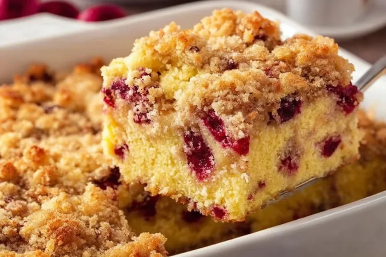 Delicious Cranberry Orange Buckle Cake topped with a crumbly streusel