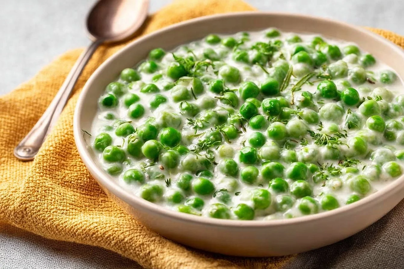Delicious creamed peas in a cozy kitchen setting, ready to serve.