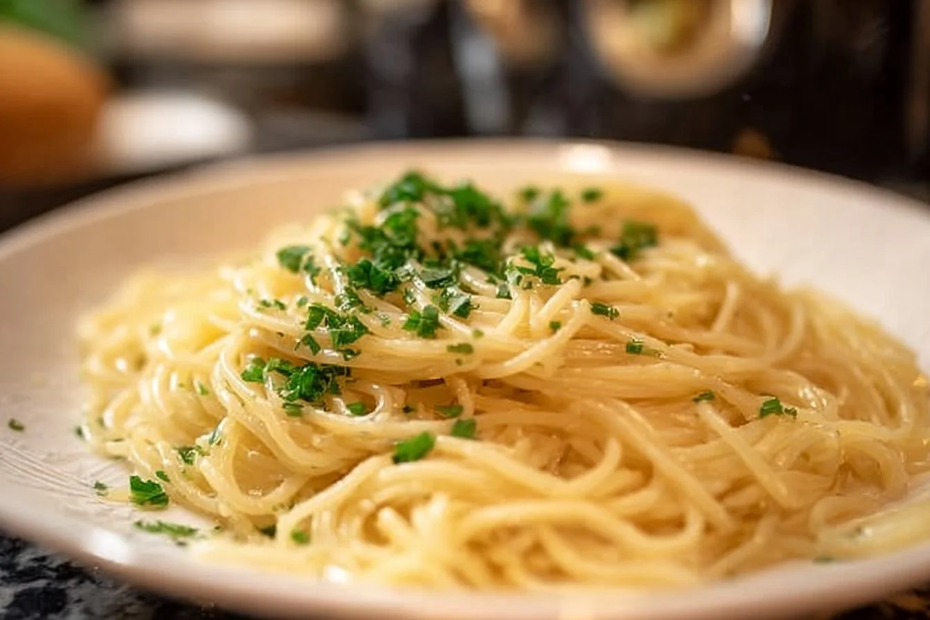 Dish of creamy garlic butter noodles garnished with herbs