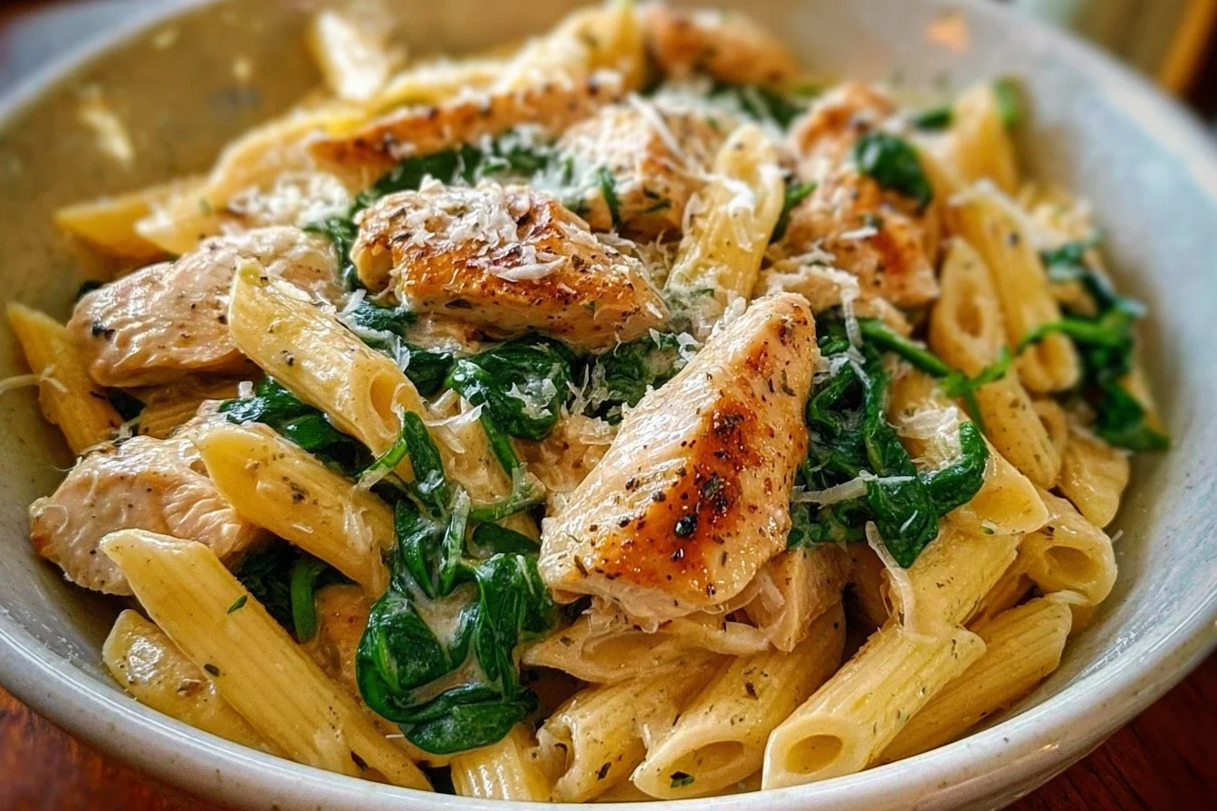 Creamy garlic parmesan chicken pasta served in a bowl with parsley garnish