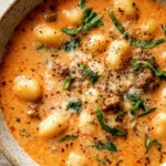 Bowl of creamy Italian Sausage Gnocchi Soup garnished with herbs