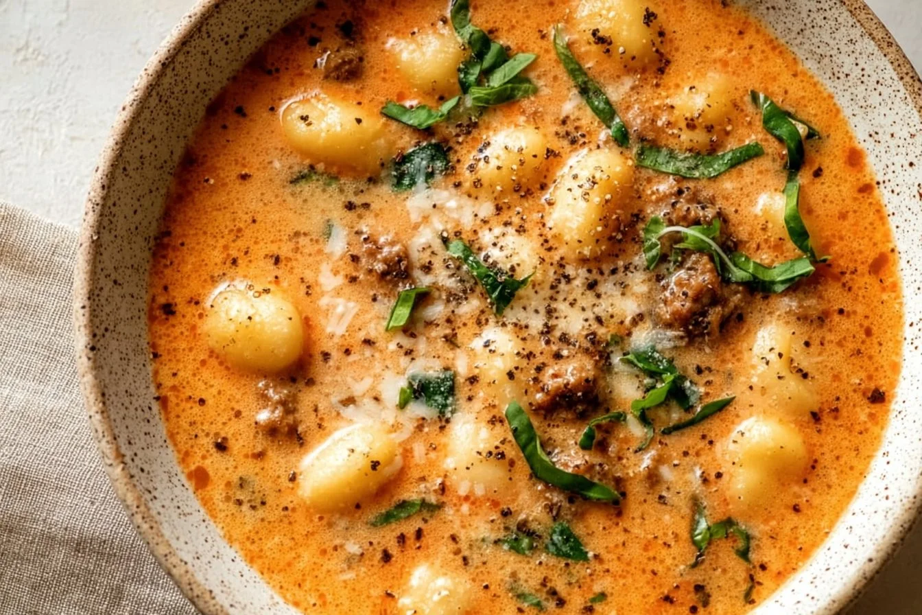 Bowl of creamy Italian Sausage Gnocchi Soup garnished with herbs