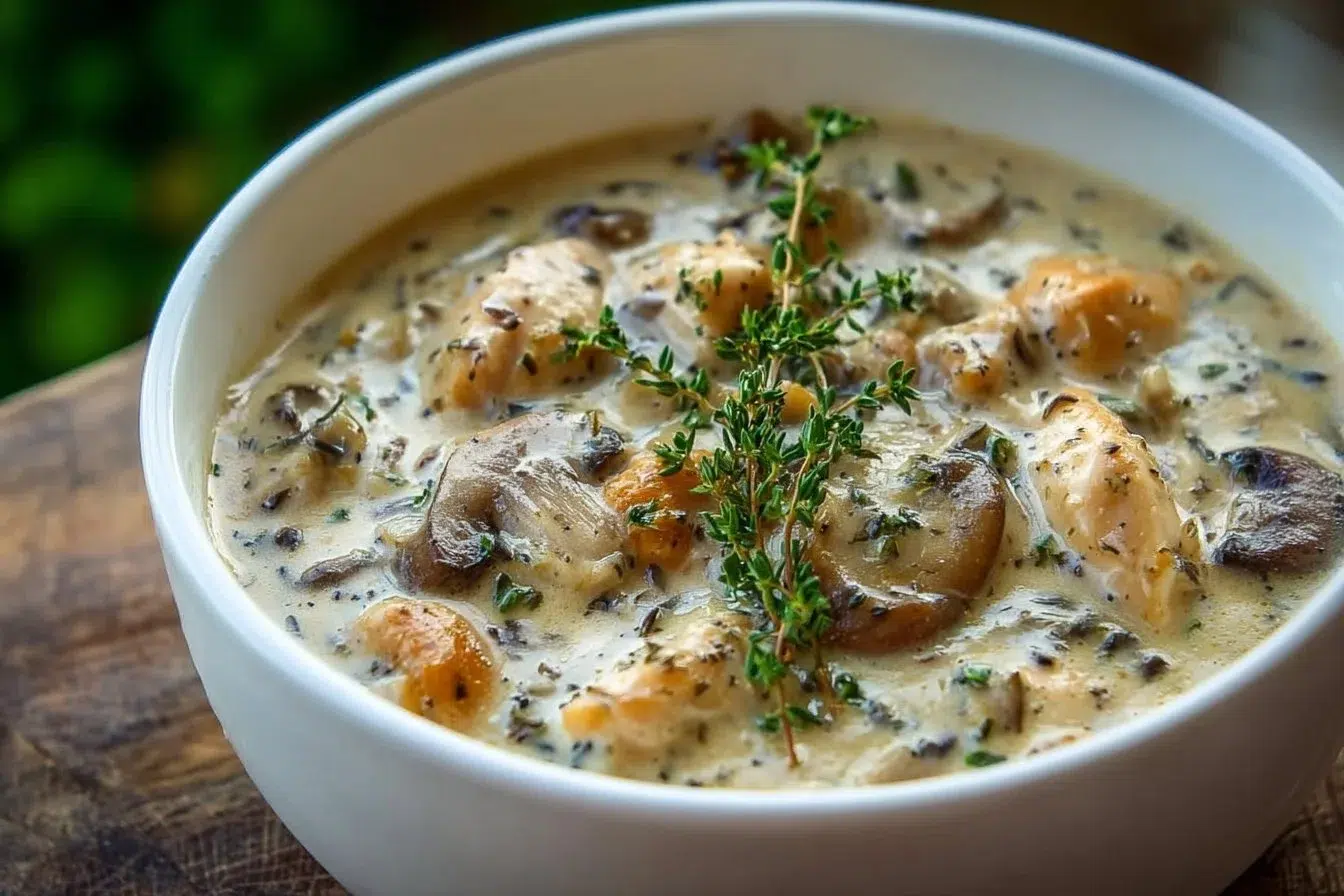 Creamy mushroom chicken soup with wild rice in a bowl, garnished with herbs.