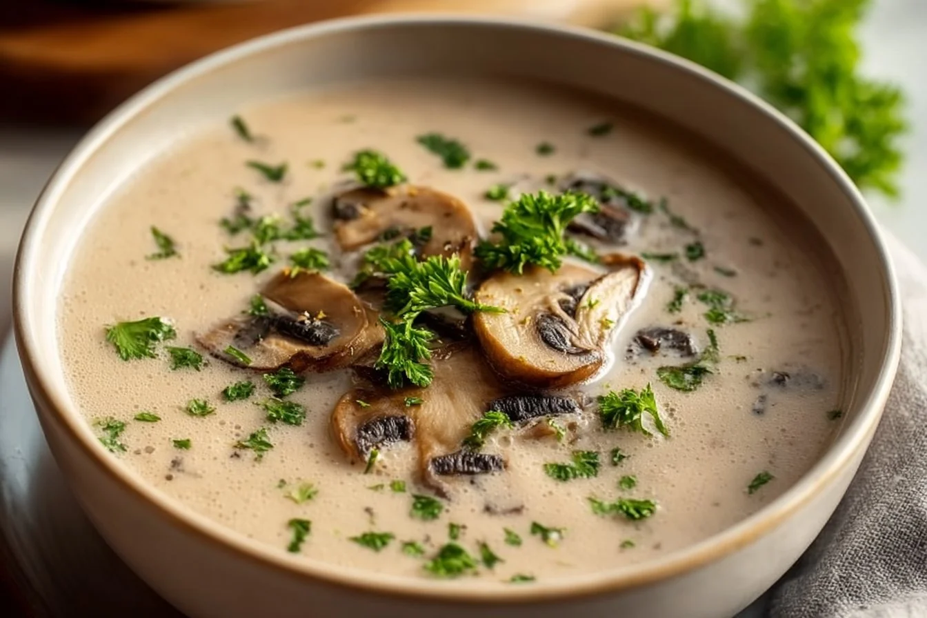 Bowl of creamy mushroom soup garnished with herbs