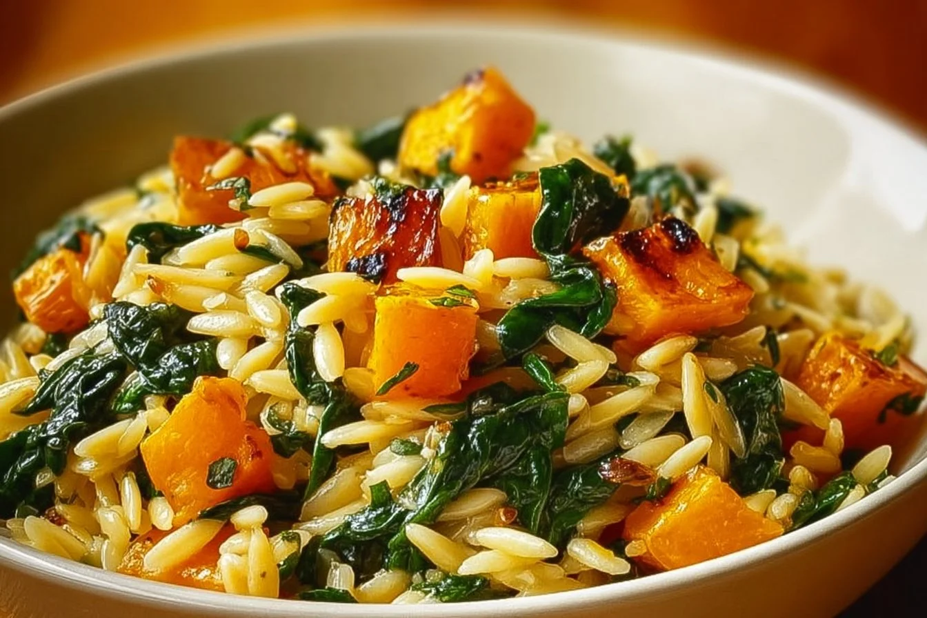 Creamy orzo with roasted butternut squash and spinach in a bowl