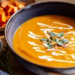 Bowl of creamy pumpkin and sweet potato soup garnished with herbs