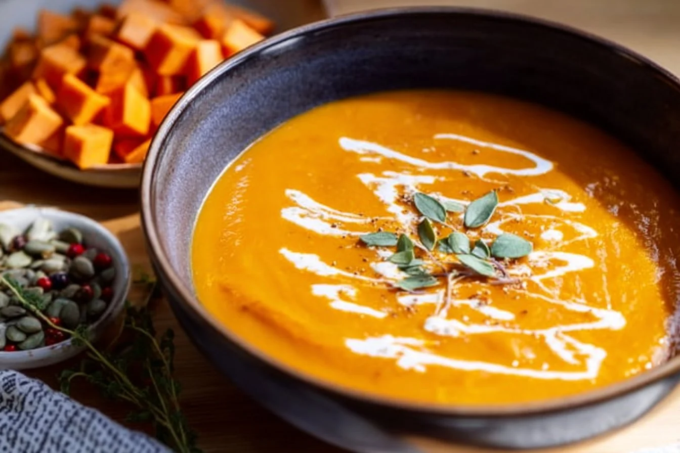 Bowl of creamy pumpkin and sweet potato soup garnished with herbs