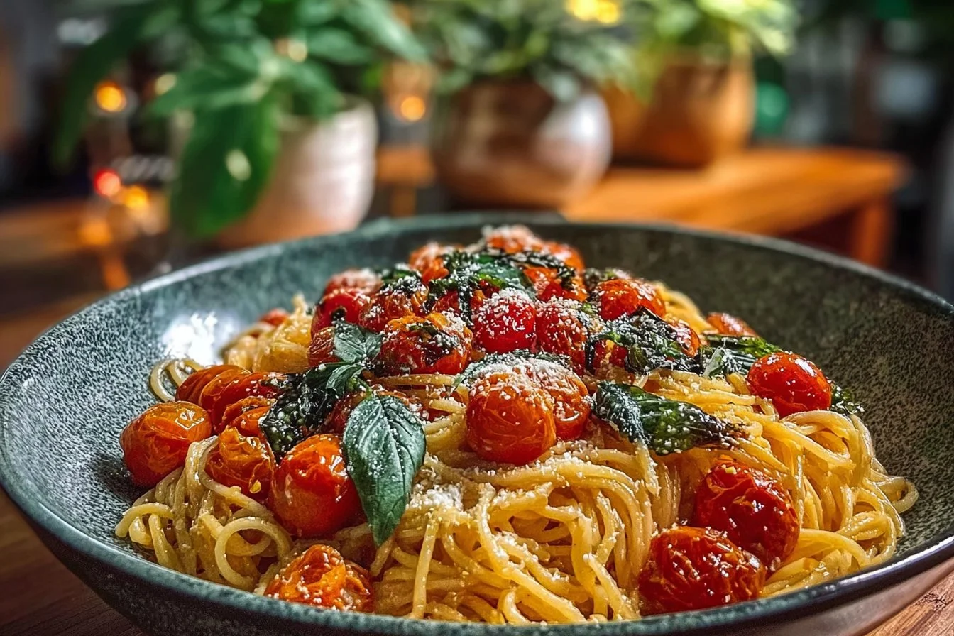 Creamy roasted tomato and garlic pull-apart pasta dish served in a bowl
