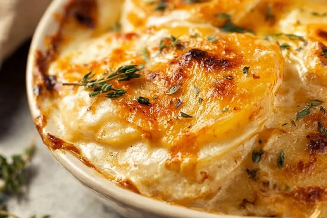 Baked creamy scalloped potatoes with cheese and herbs in a casserole dish.