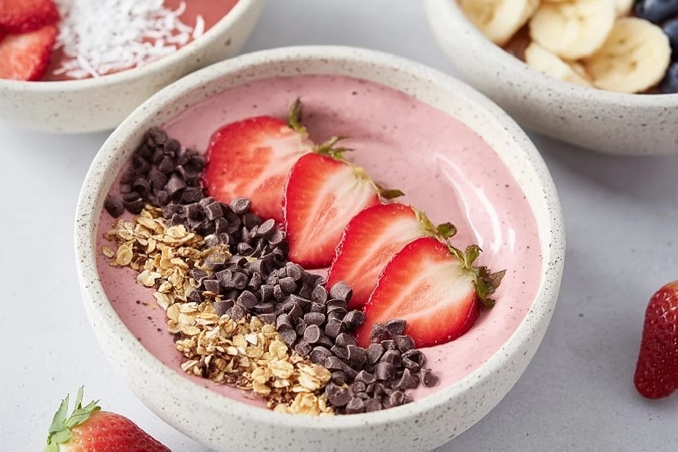 Creamy smoothie bowl topped with fresh fruits and seeds