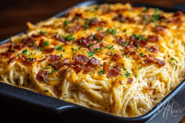 Creamy Southern spaghetti bake topped with cheese and herbs in a baking dish.