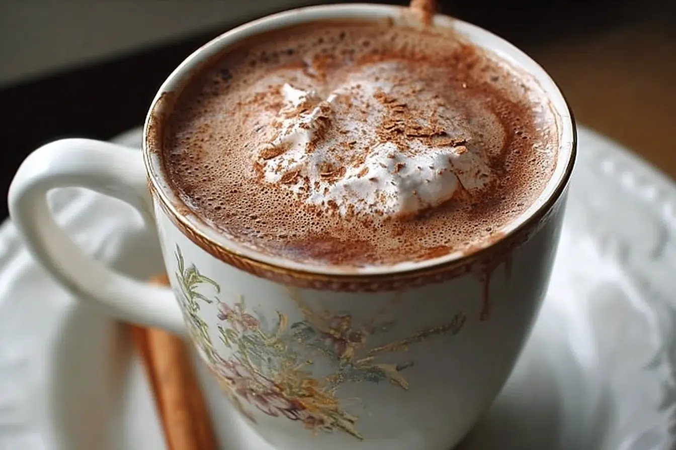 Creamy vegan hot chocolate in a cozy mug with whipped coconut cream on top