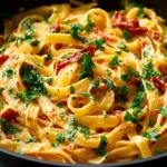 Creamy Vegan Sun-Dried Tomato Pasta served in a bowl with fresh herbs