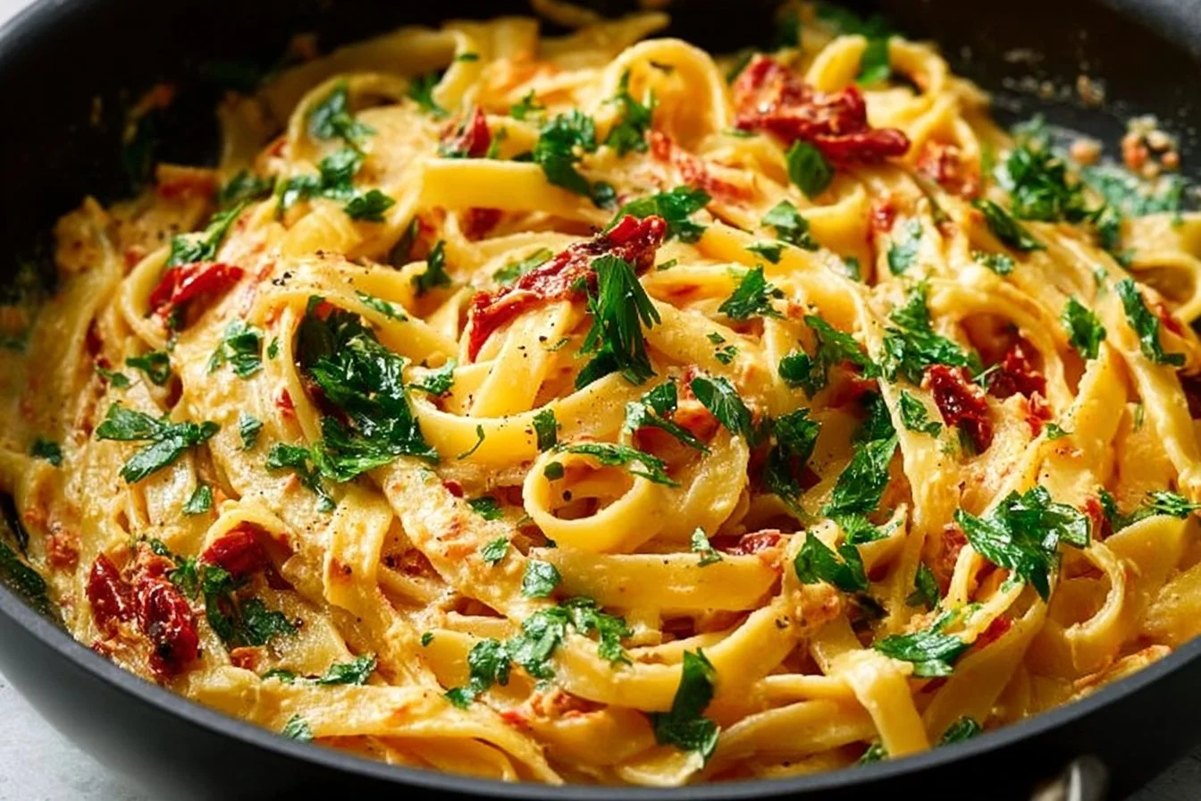Creamy Vegan Sun-Dried Tomato Pasta served in a bowl with fresh herbs