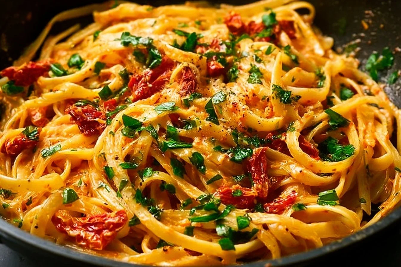 Creamy vegan sun-dried tomato pasta served in a bowl, garnished with herbs.