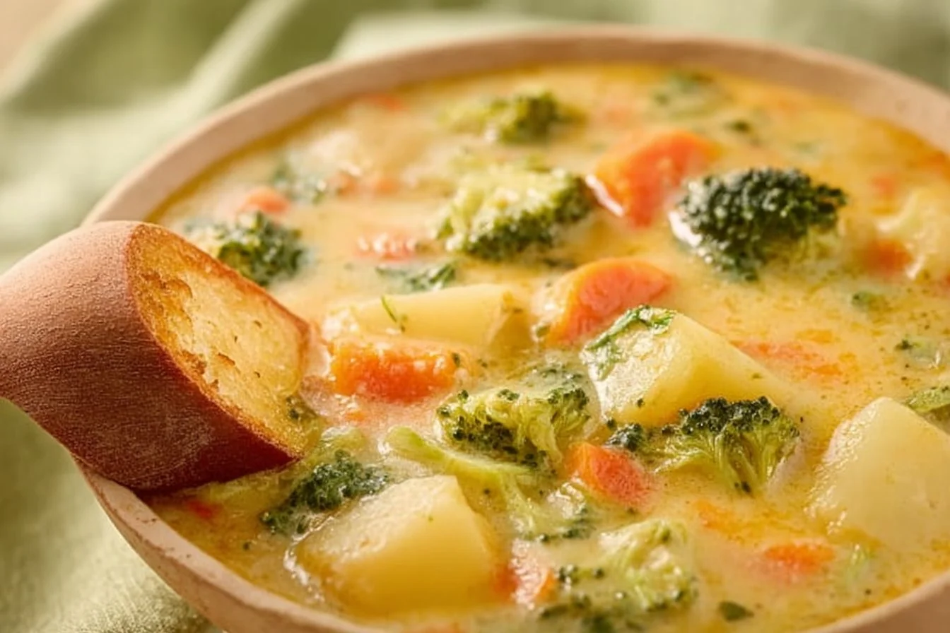 Creamy vegetable soup in a bowl with fresh herbs