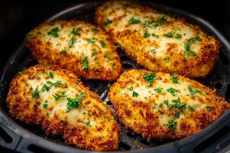 Crispy air fryer chicken parmesan served with marinara sauce and cheese.