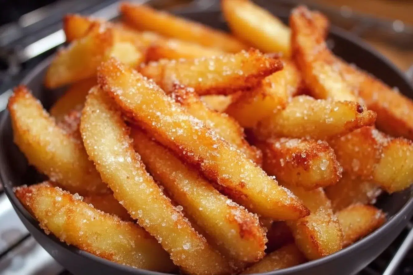 Crispy apple fries made in an air fryer, golden and delicious.