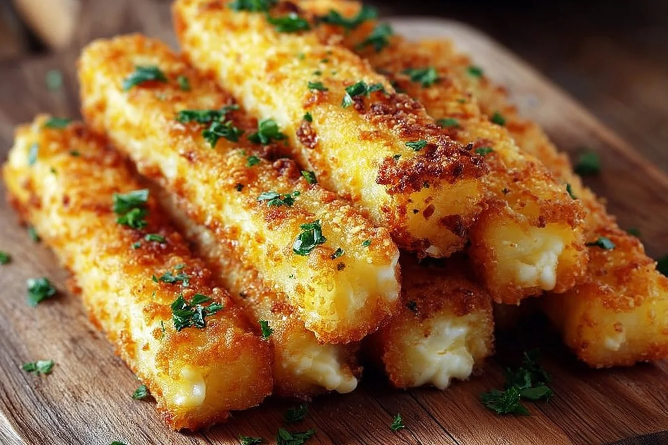 Crispy potato cheese sticks ready for serving as a delicious snack.
