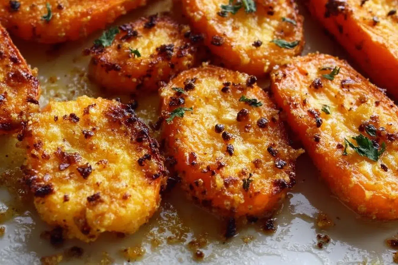 Crispy smashed carrots garnished with herbs, served in a bowl.