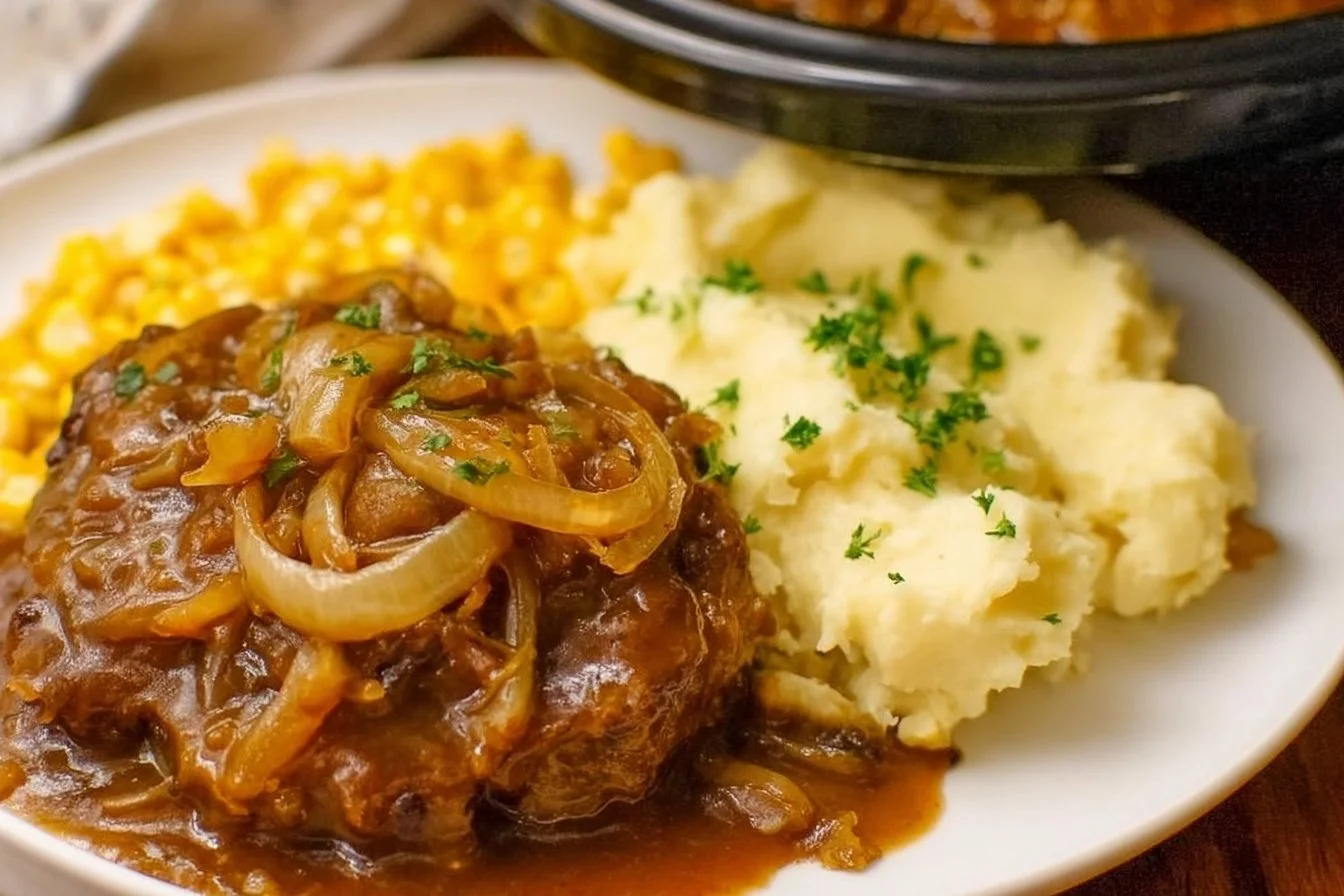Crockpot cube steak served with creamy mushroom gravy