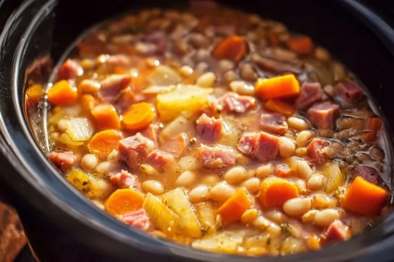 Delicious bowl of Crockpot ham and bean soup with fresh herbs and spices