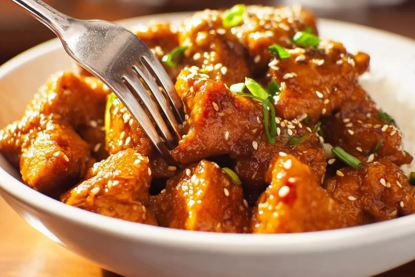 Delicious Crockpot Orange Chicken served with rice and garnished with green onions.