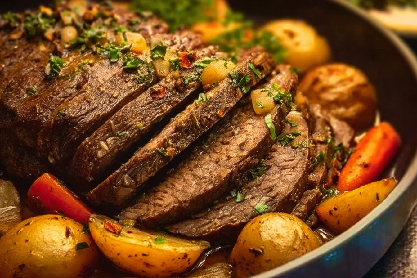 Delicious crockpot pot roast served with vegetables on a plate