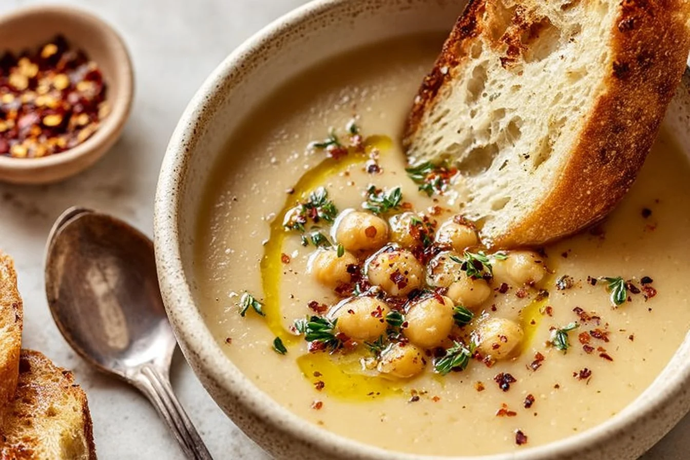 Bowl of delicious garlic chickpea soup garnished with herbs