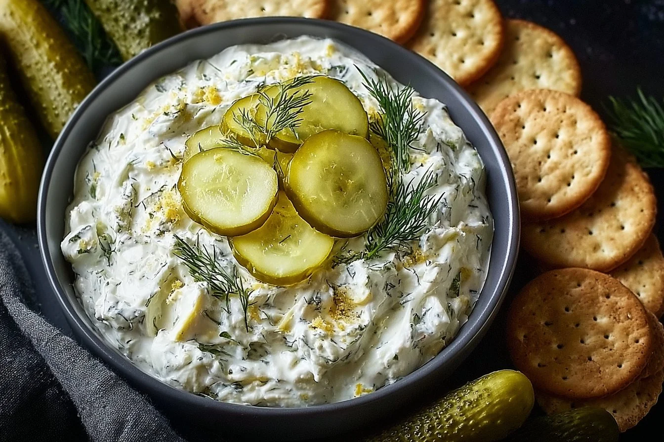 Creamy Dill Pickle Dip served in a bowl with chips and fresh veggies