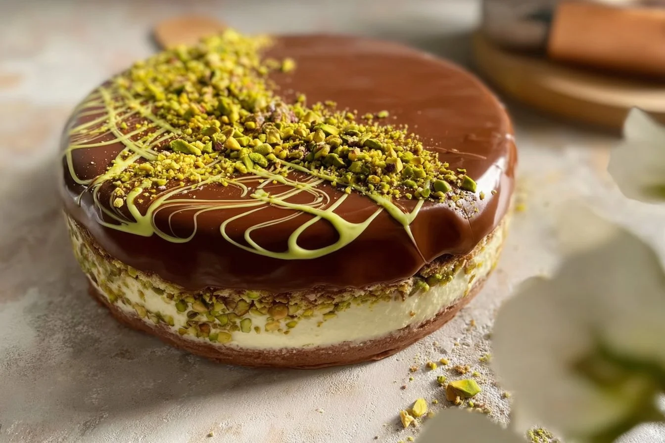 Delicious slice of Dubai Chocolate Cheesecake topped with chocolate drizzle and berries.