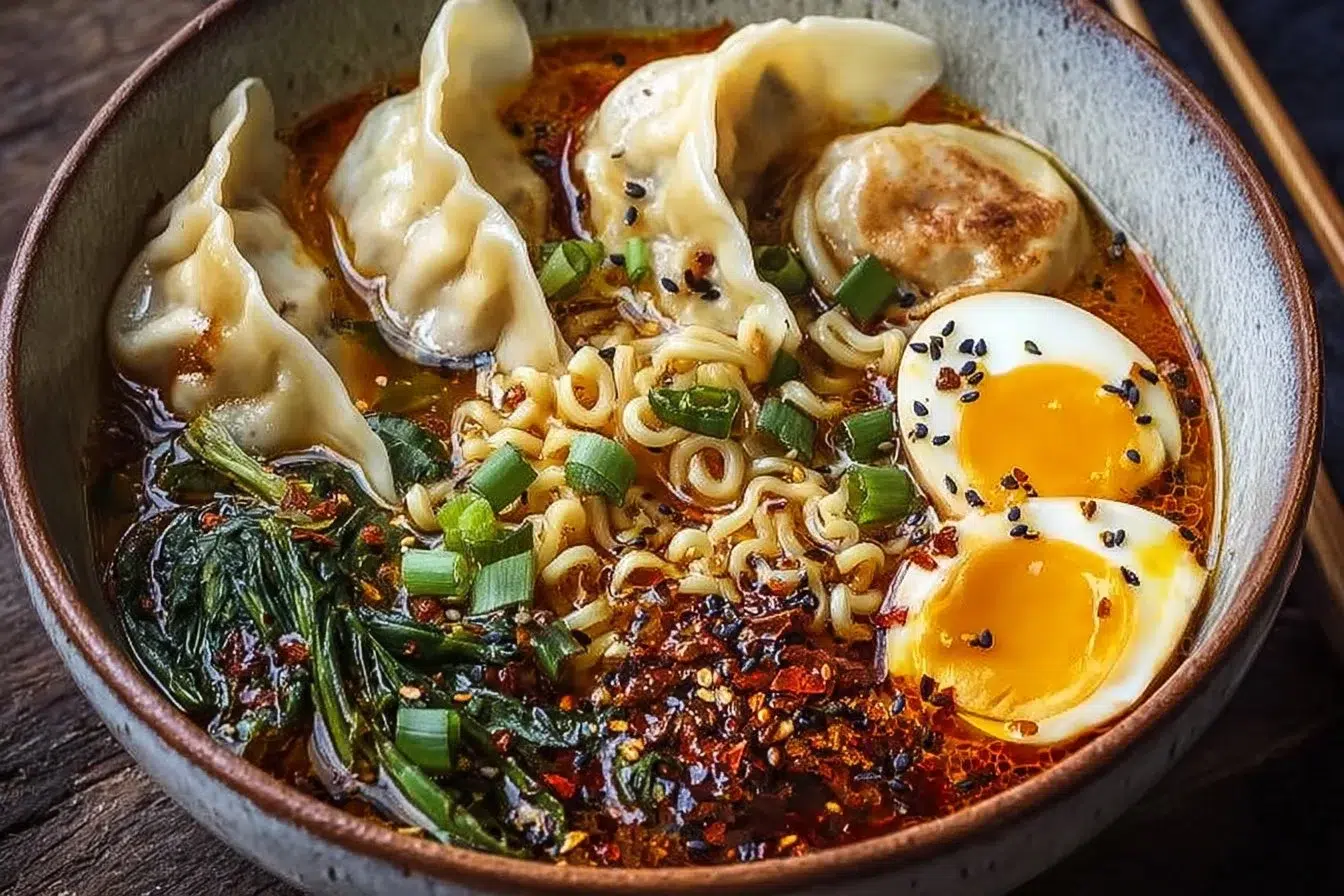 Delicious Dumpling Ramen Bowl topped with fresh herbs and vegetables.