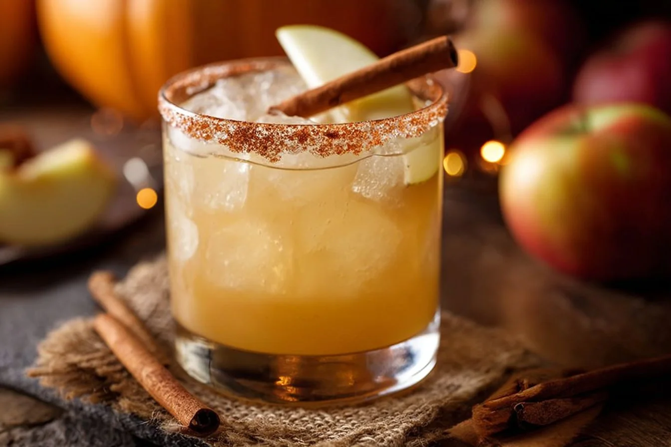 Refreshing easy apple cider margarita in a glass with apple slices