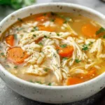 Bowl of easy chicken rice soup with fresh herbs and vegetables.