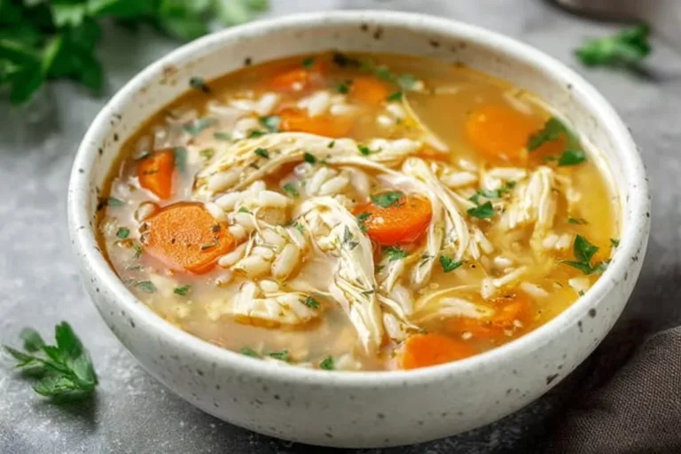 Bowl of easy chicken rice soup with fresh herbs and vegetables.