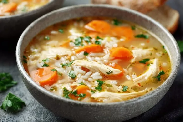 Bowl of Easy Chicken and Rice Soup garnished with herbs