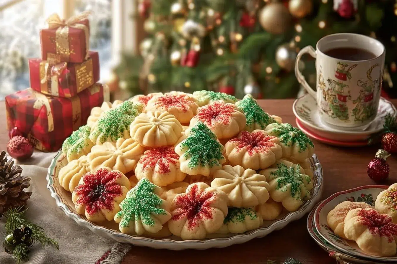 Plated easy Christmas spritz cookies decorated with colorful sprinkles.