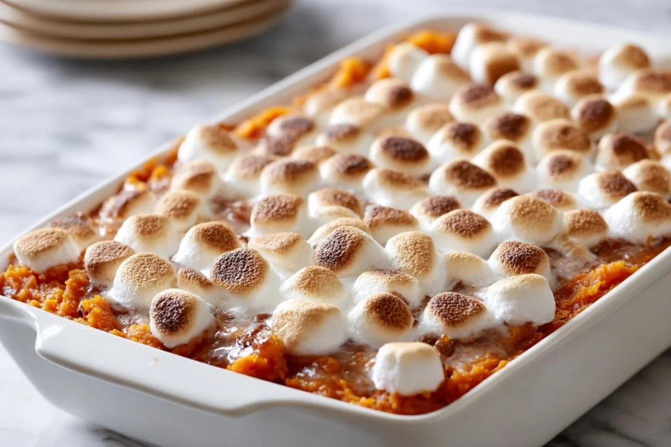 Delicious easy sweet potato casserole topped with marshmallows and pecans