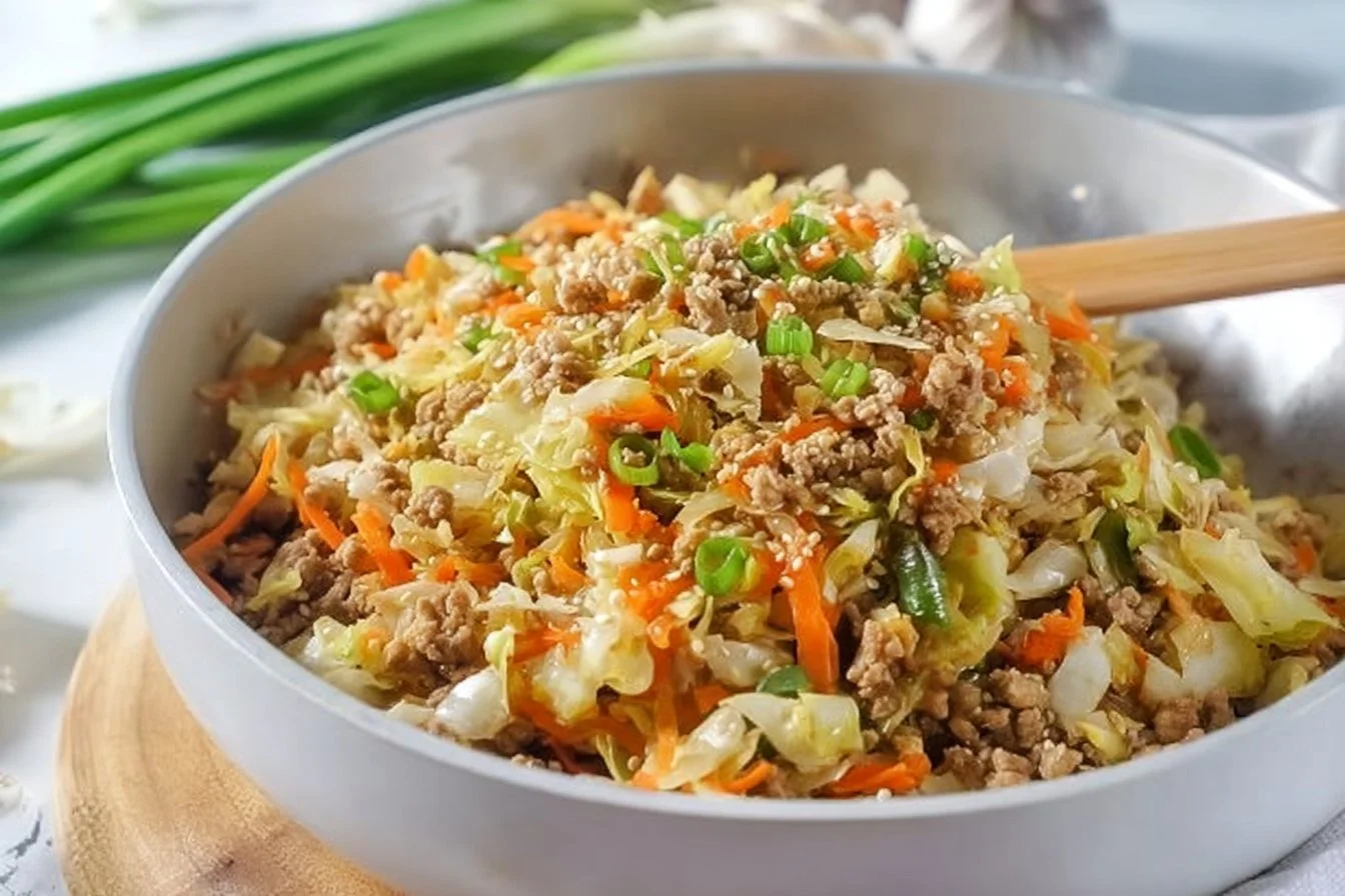 Egg Roll in a Bowl recipe featuring fresh vegetables and savory meat