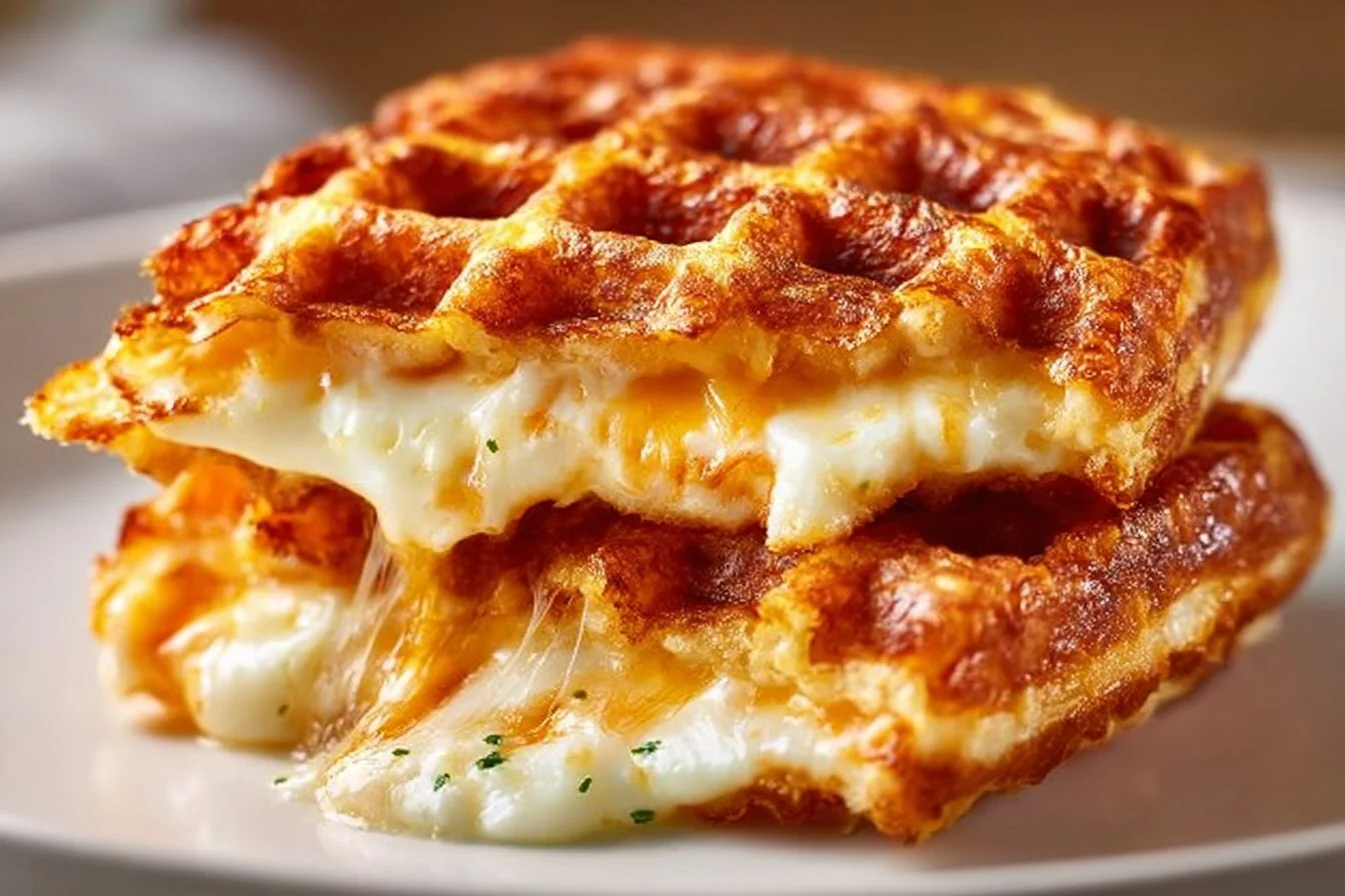 Fluffy grilled cheese chaffle with melted cheese and golden crust