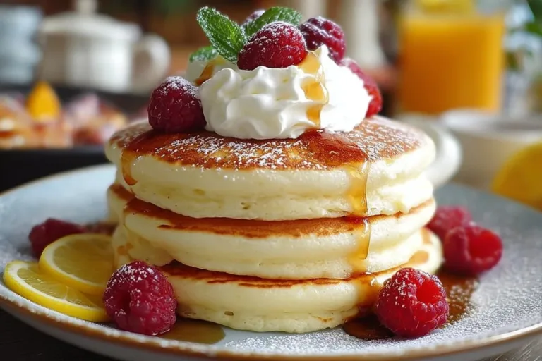 Fluffy Japanese soufflé pancakes stacked on a plate with syrup and berries