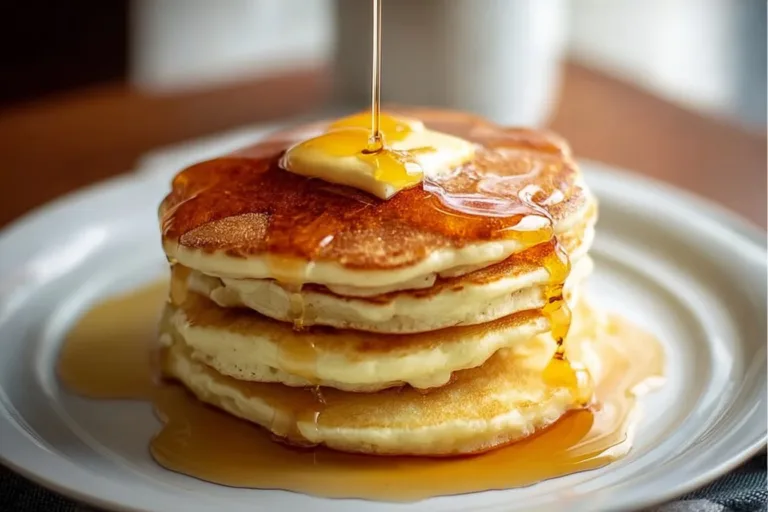Fluffy maple buttermilk pancakes stacked and drizzled with syrup