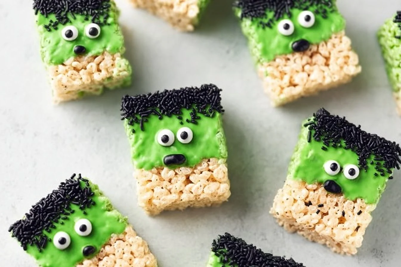 Colorful Frankenstein Halloween Rice Krispie Treats decorated for spooky celebrations.