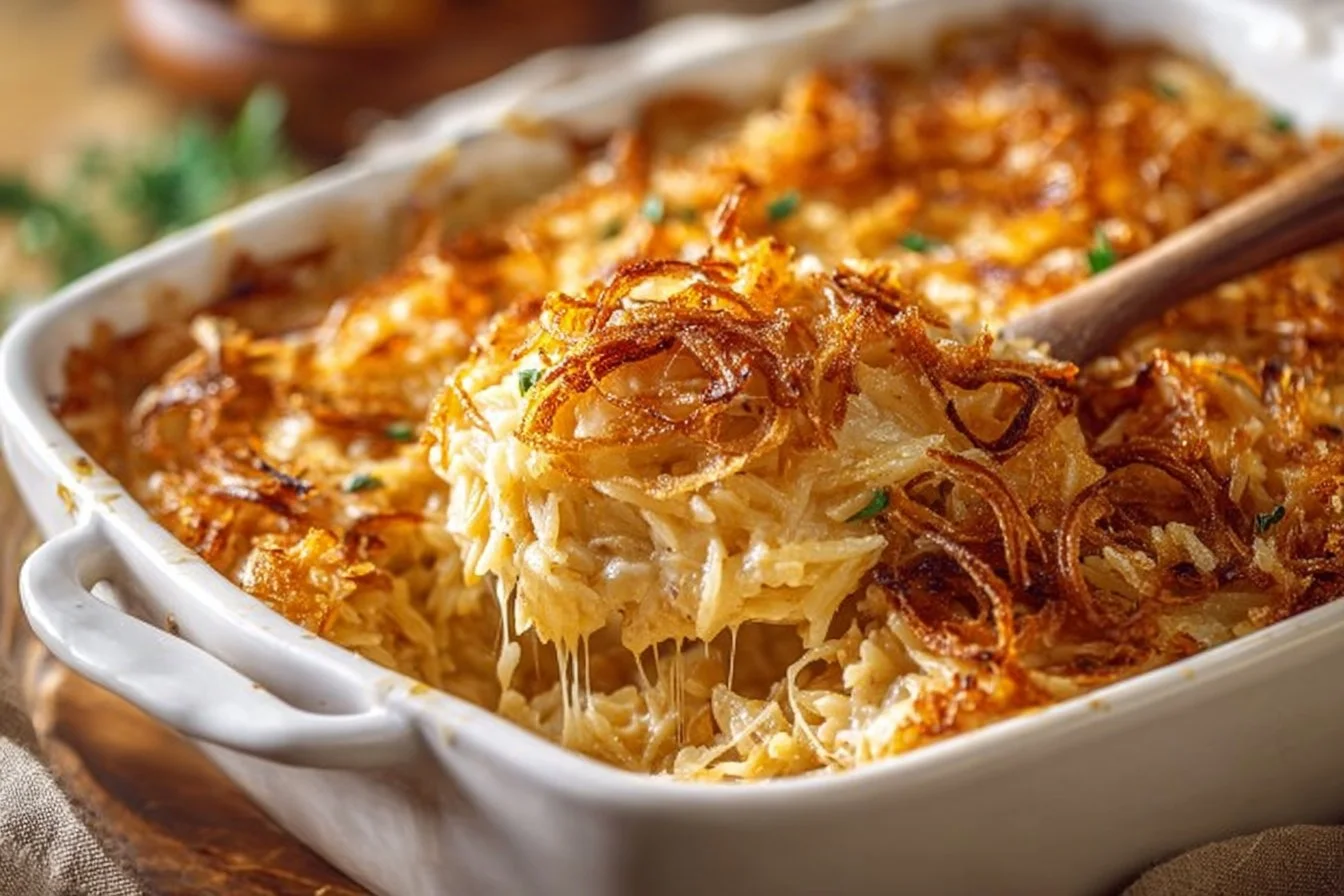 French Onion Chicken Orzo Casserole baked with cheese and herbs