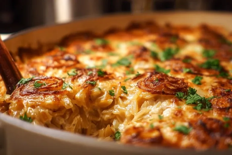 Delicious French onion chicken orzo casserole topped with melted cheese.