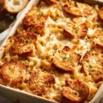 Creamy French Onion Mac and Cheese topped with crispy onions and melted cheese