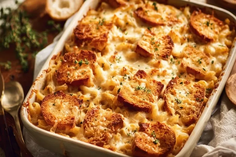 Creamy French Onion Mac and Cheese topped with crispy onions and melted cheese