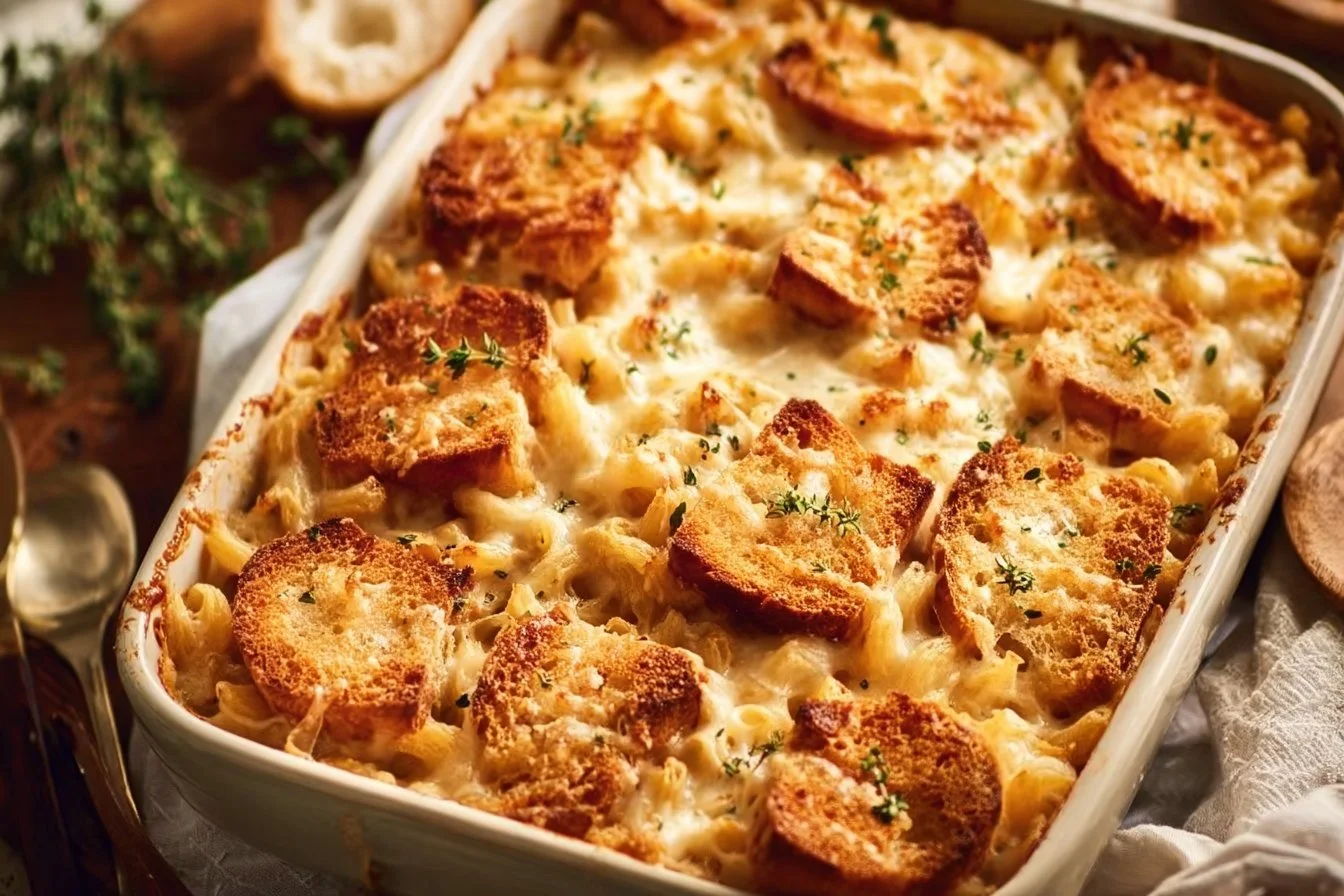 Creamy French Onion Mac and Cheese with caramelized onions and melted cheese