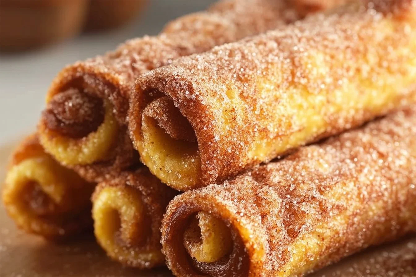 Delicious French toast roll ups on a plate with syrup and berries.