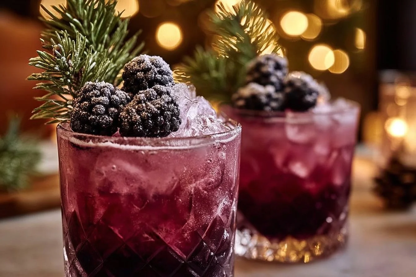 Frosted Blackberry Mule holiday mocktail with blackberries and mint garnish